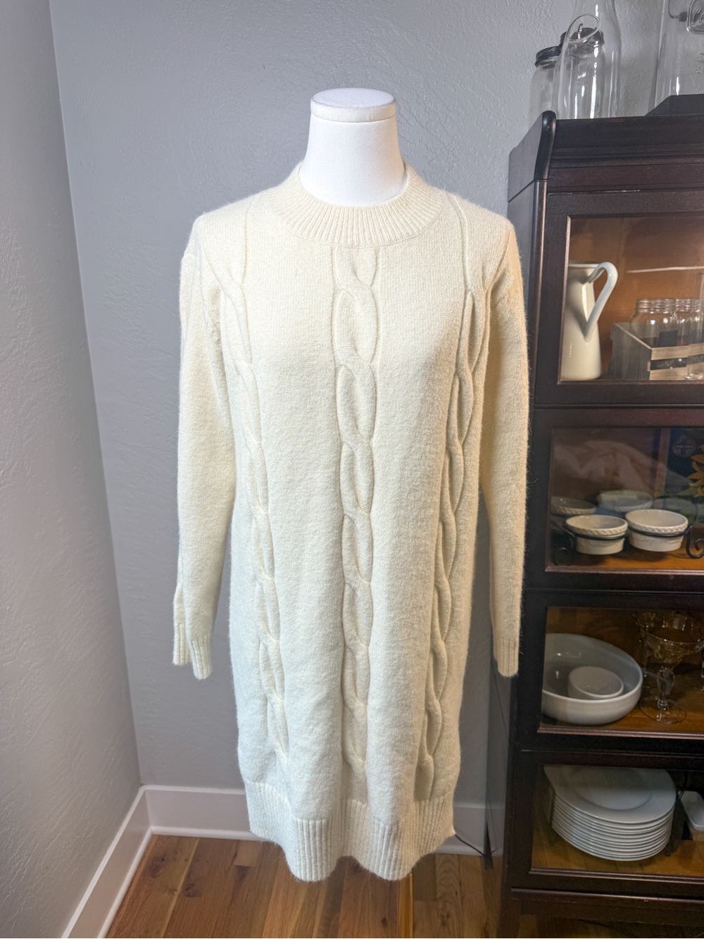 Lulus Ivory Cable Knit Sweater Dress Mock Neck Long Sleeve Size M